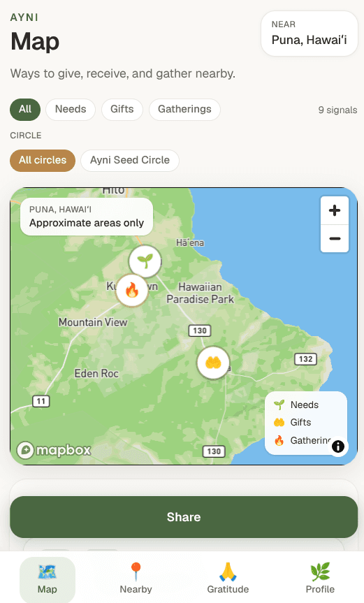 Ayni map showing approximate areas for community needs, gifts, and gatherings